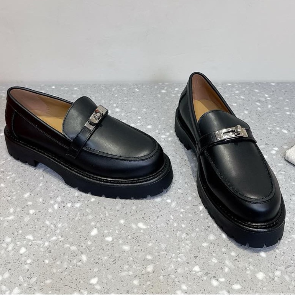 Women's Hermes Black Smooth Leather H-Buckle Platform Loafers